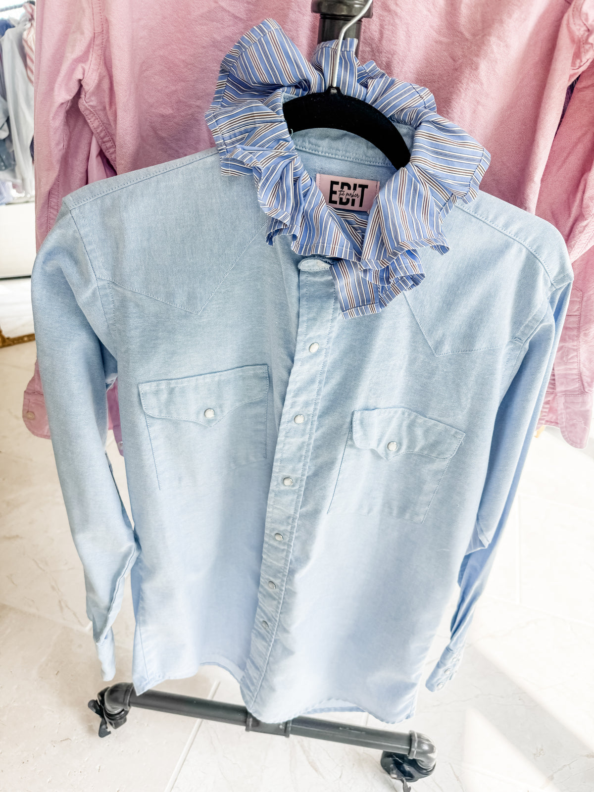 pearl snap blue + stripes