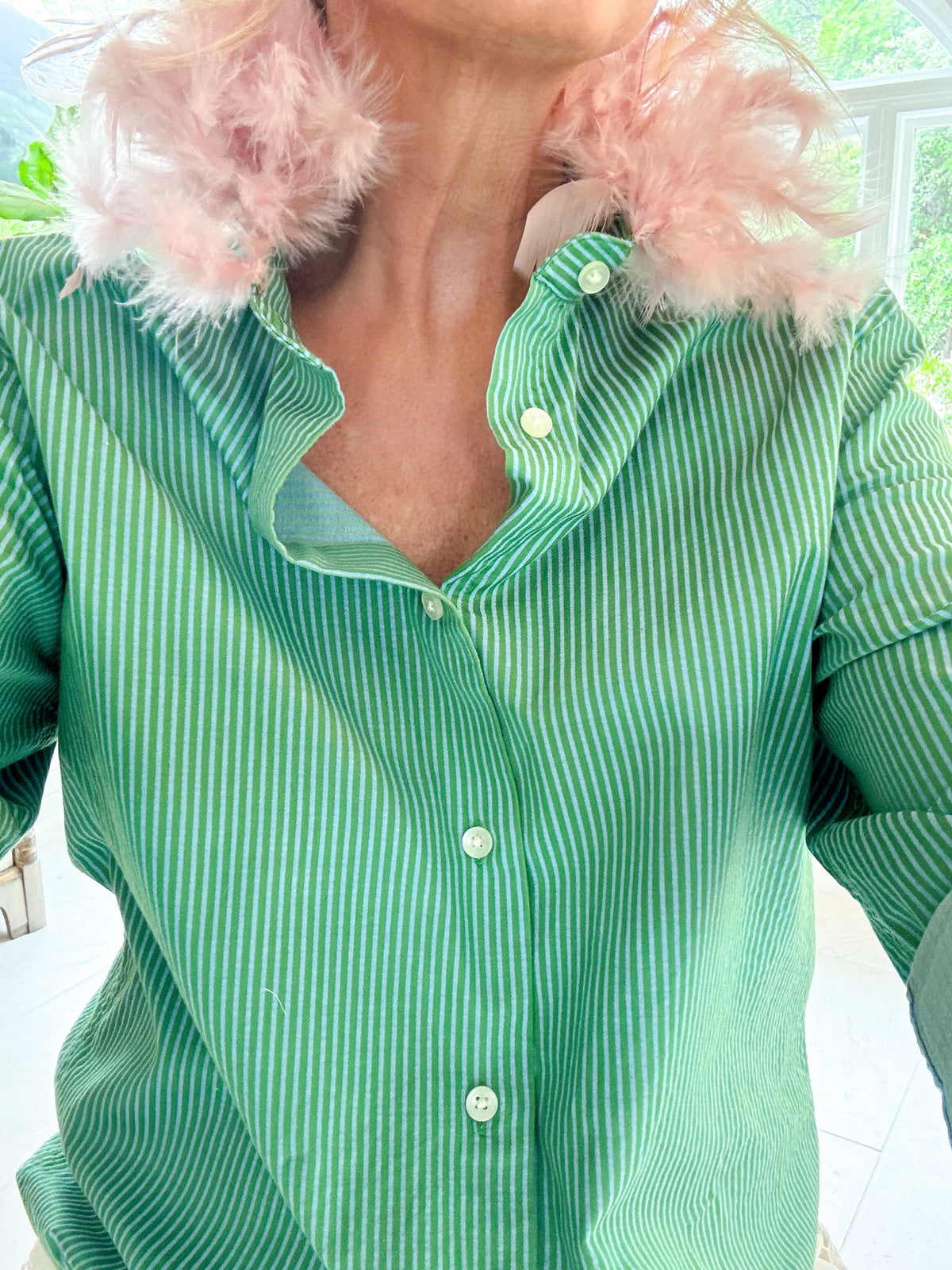 green + blue stripe + pink feather