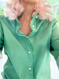 green + blue stripe + pink feather