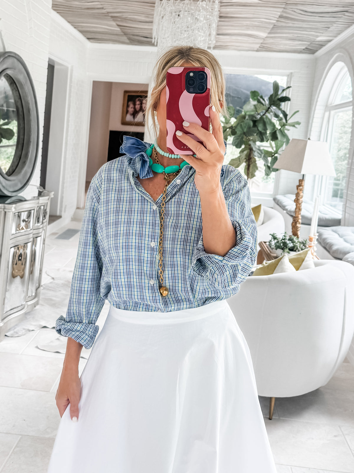 blue + green plaid w/striped collar