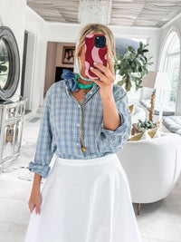 blue + green plaid w/striped collar