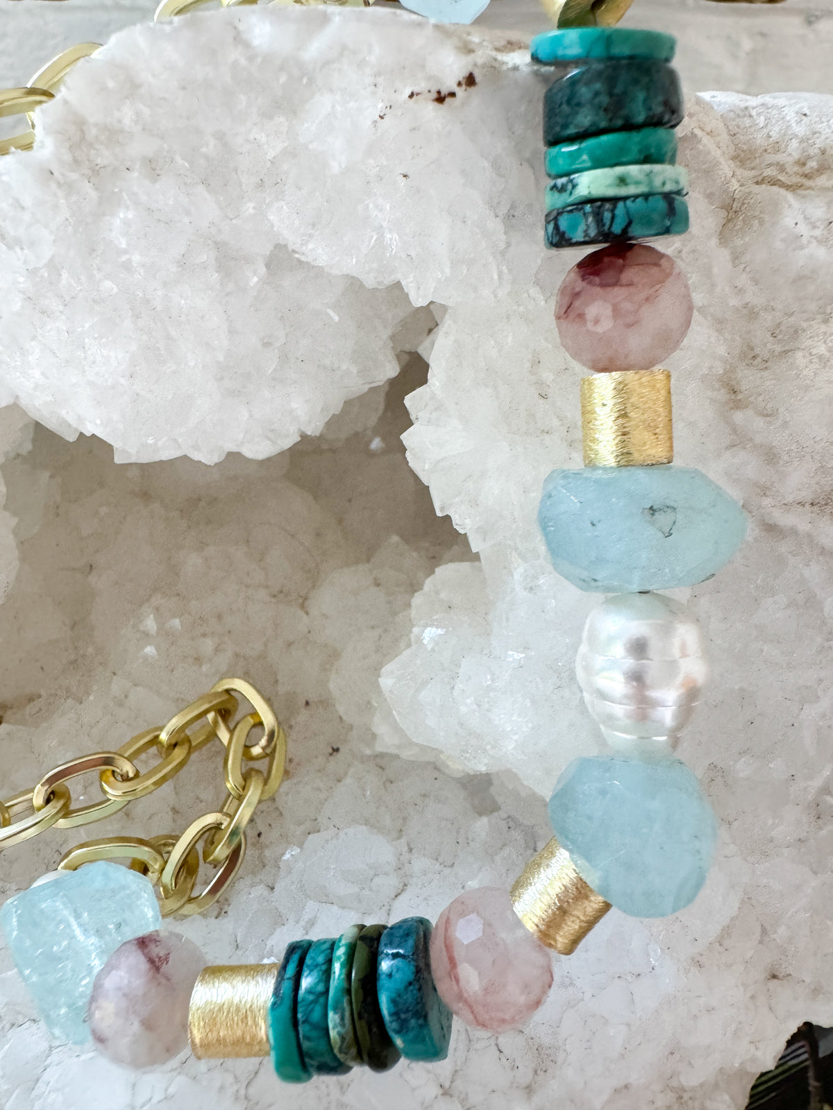 aquamarine + quartz + turquoise + pearl