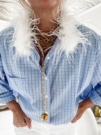 blue plaid + feathers