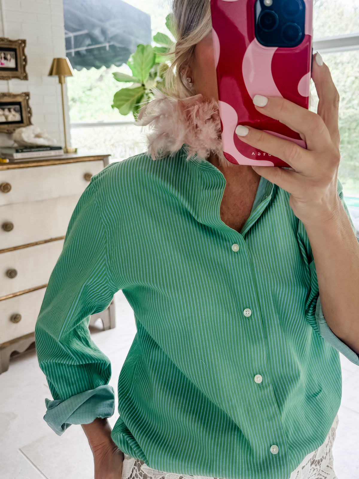 green + blue stripe + pink feather