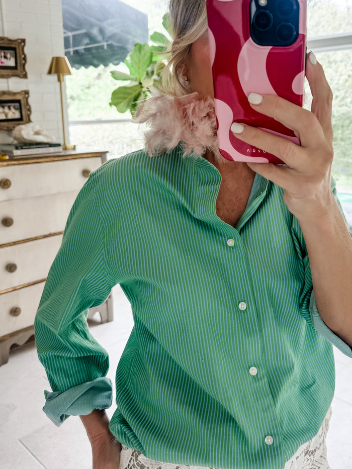 green + blue stripe + pink feather