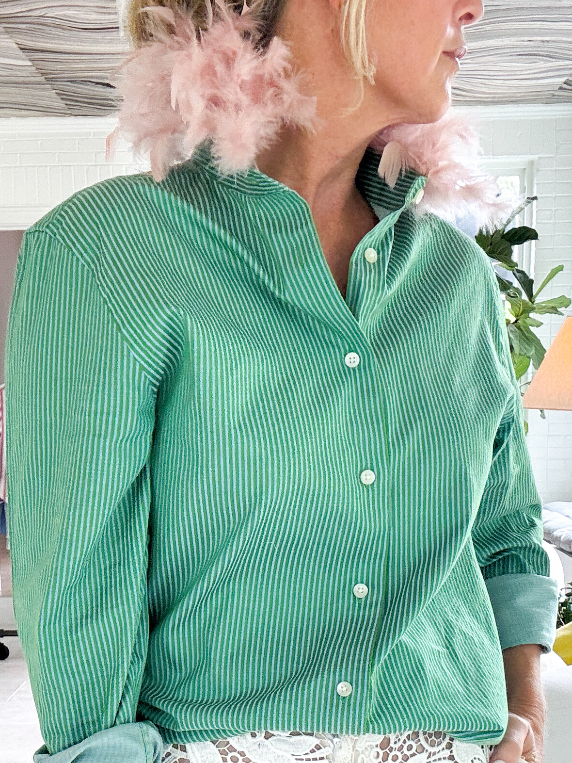 green + blue stripe + pink feather