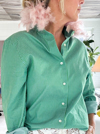 green + blue stripe + pink feather