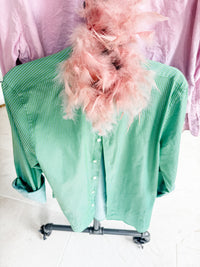 green + blue stripe + pink feather