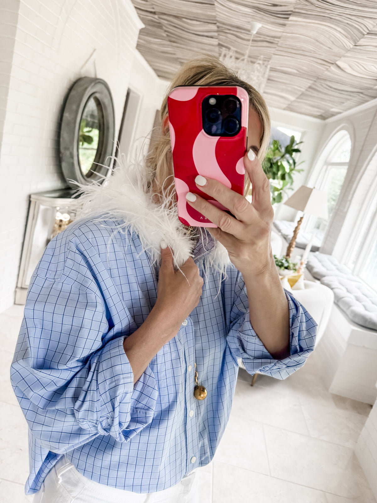 blue plaid + feathers