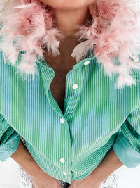 green + blue stripe + pink feather