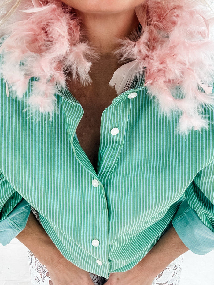 green + blue stripe + pink feather