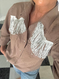 pearl snap brown w/silver fringe
