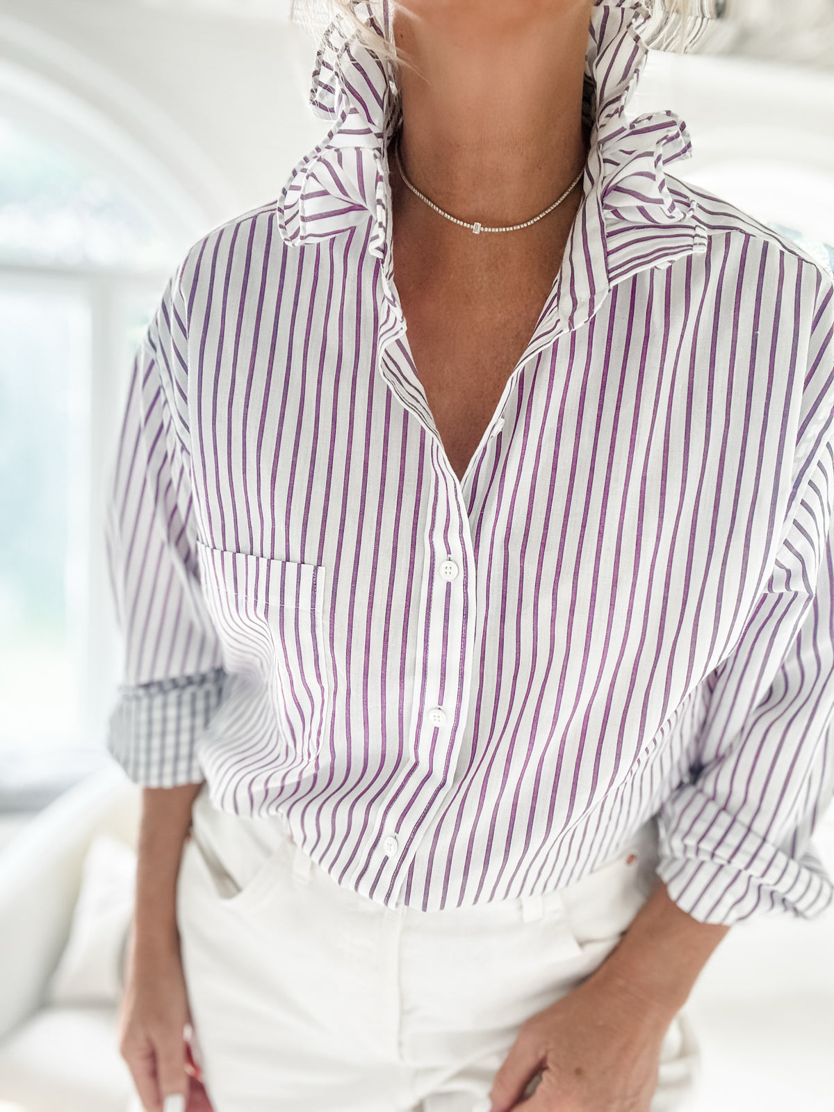 white + purple pin stripes