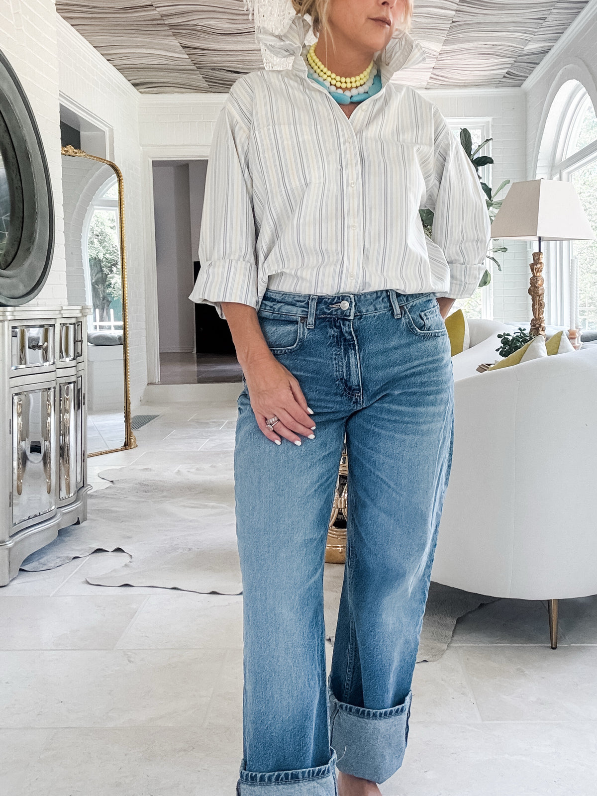 blue + yellow + grey stripe