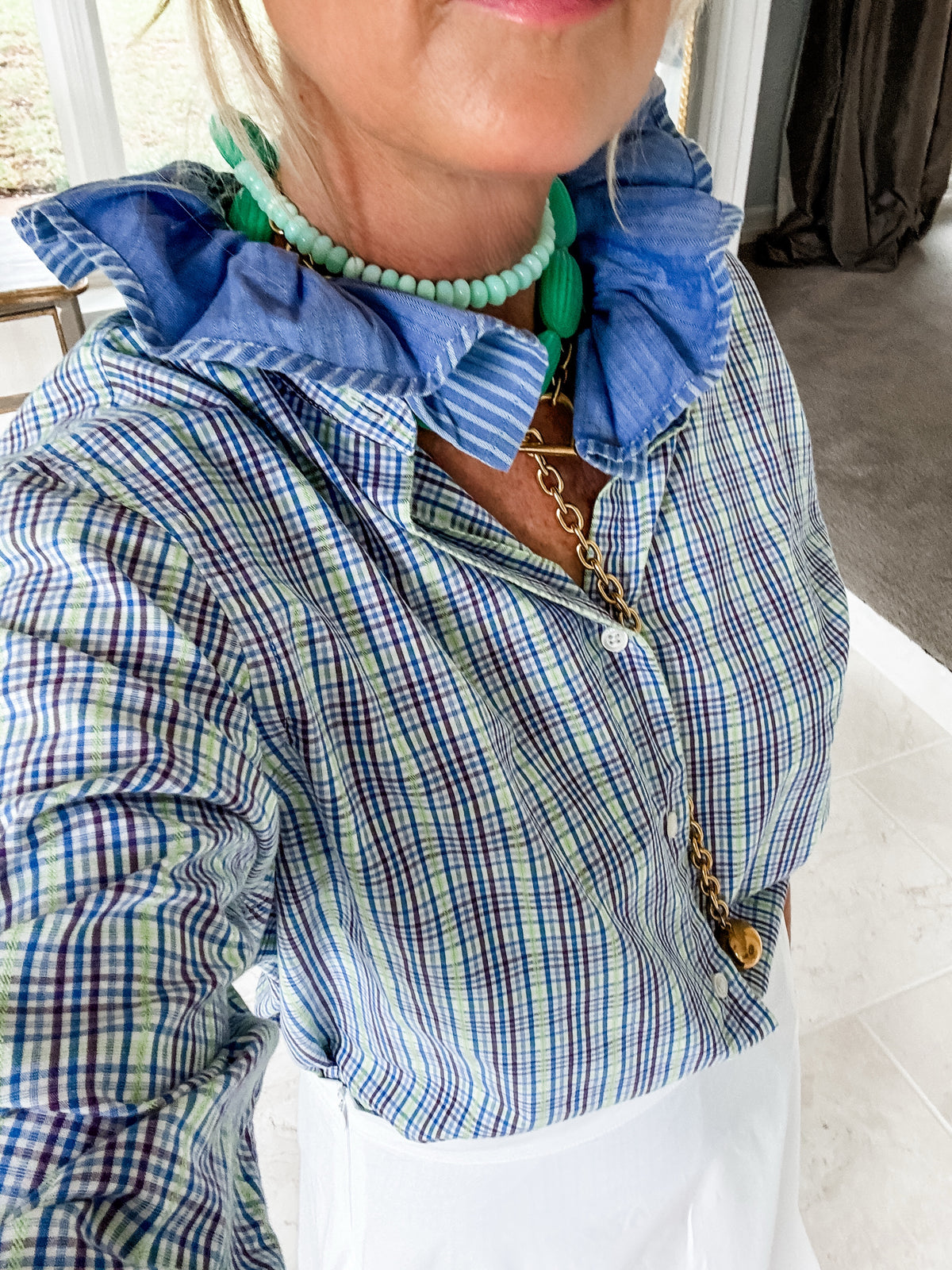 blue + green plaid w/striped collar