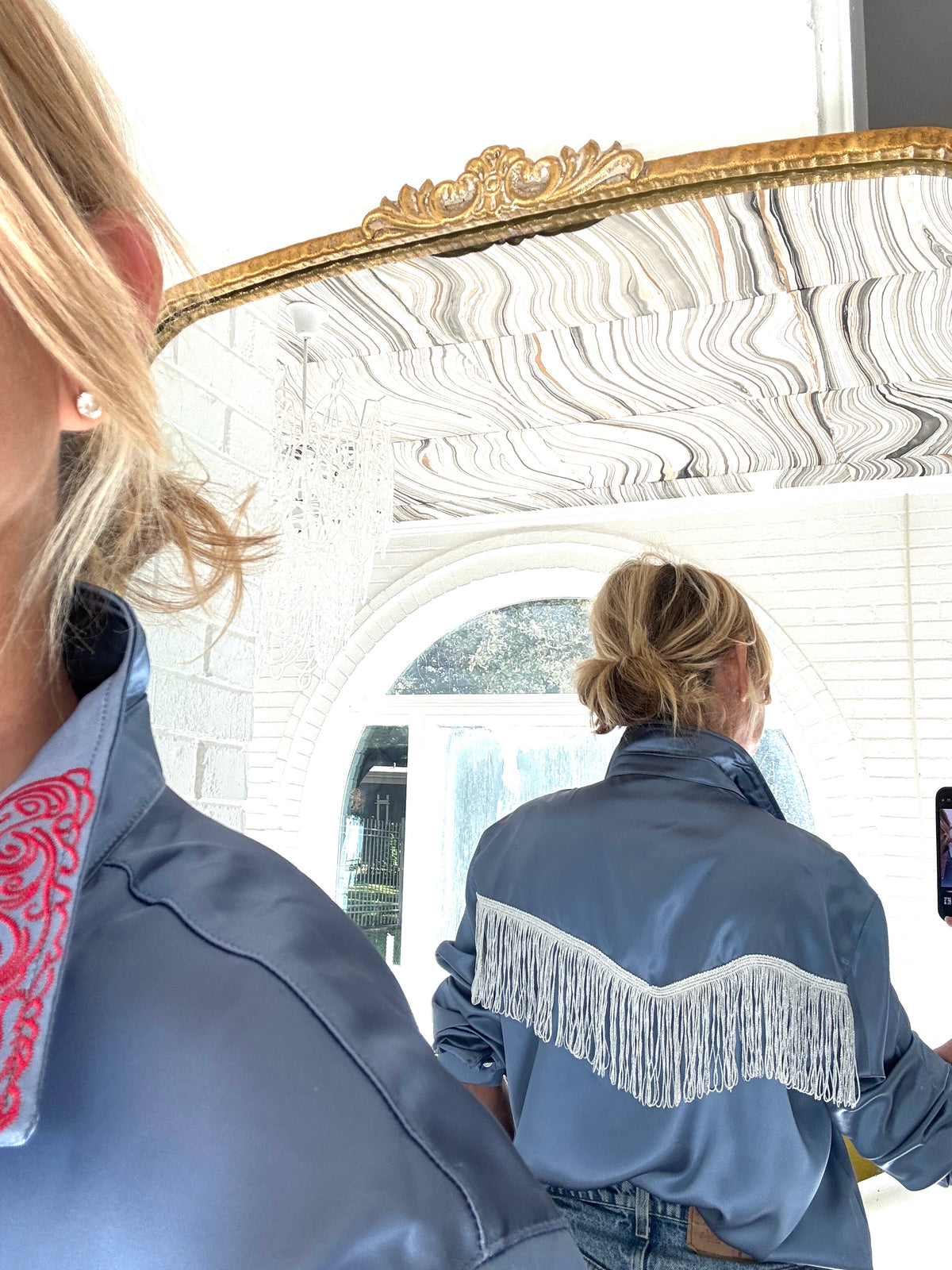 blue satin embroidered w/silver fringe