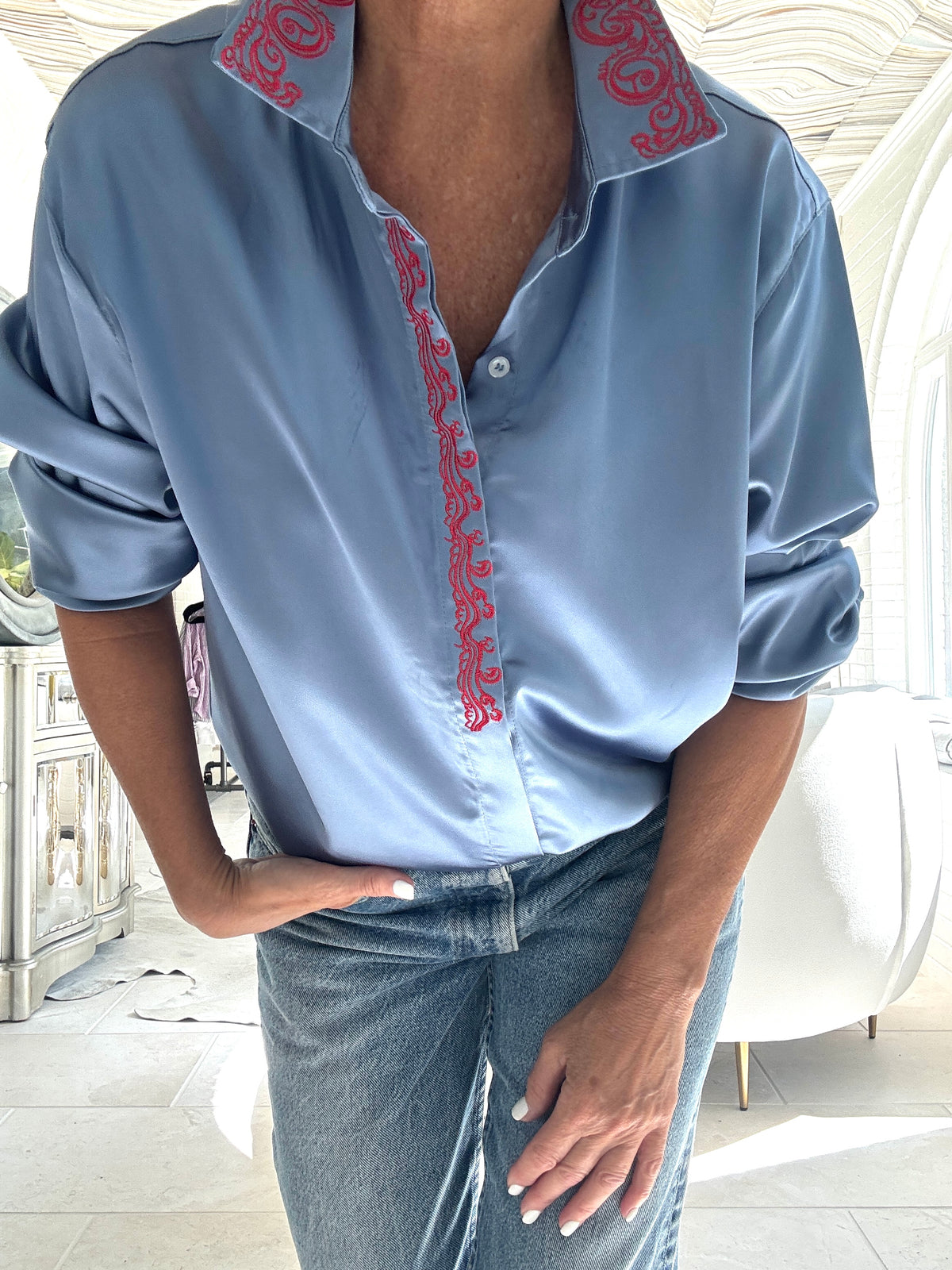 blue satin embroidered w/silver fringe