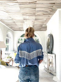 blue satin embroidered w/silver fringe