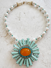 mint starburst brooch pearl necklace